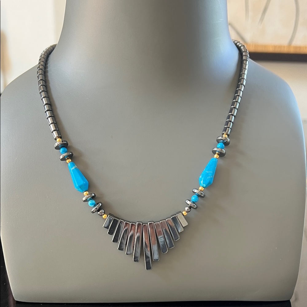 Elegant Hematite Necklace with rods turquoise blue beads